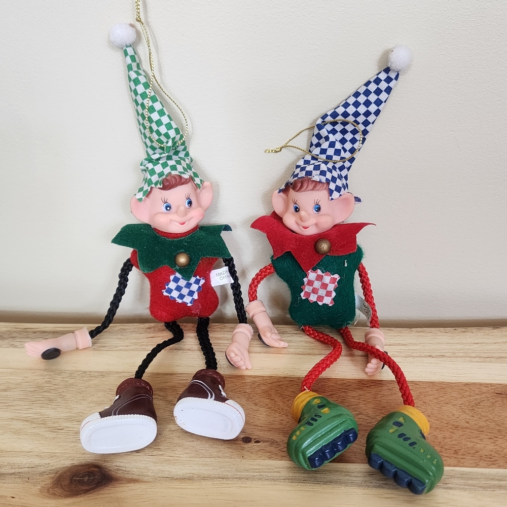 Set of 2 Vintage Rubber Long Nose Elves Hanging Magnetic Christmas Elf Ornaments